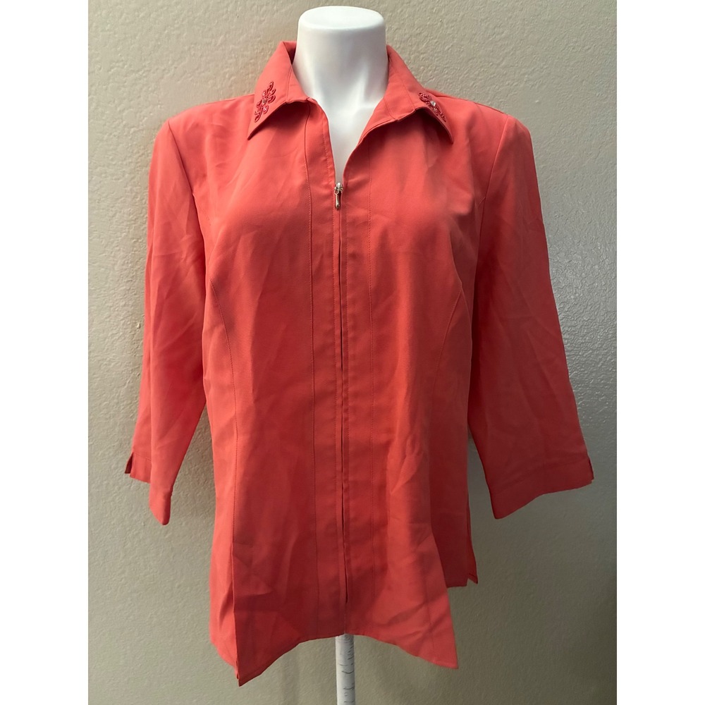 Cathy Che Stretch Coral Pink Zip Front Blouse Beaded Collar 3/4 Sleeve Size 14